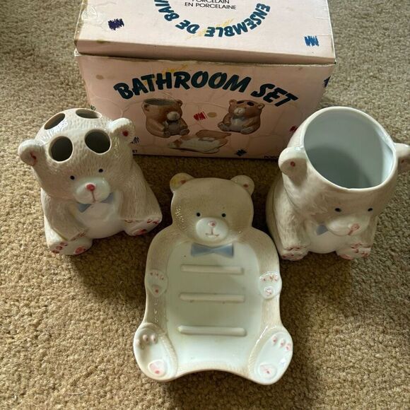 Vintage Porcelain Bear 3 Piece Bathroom Set 1987 Japan - Picture 1 of 11